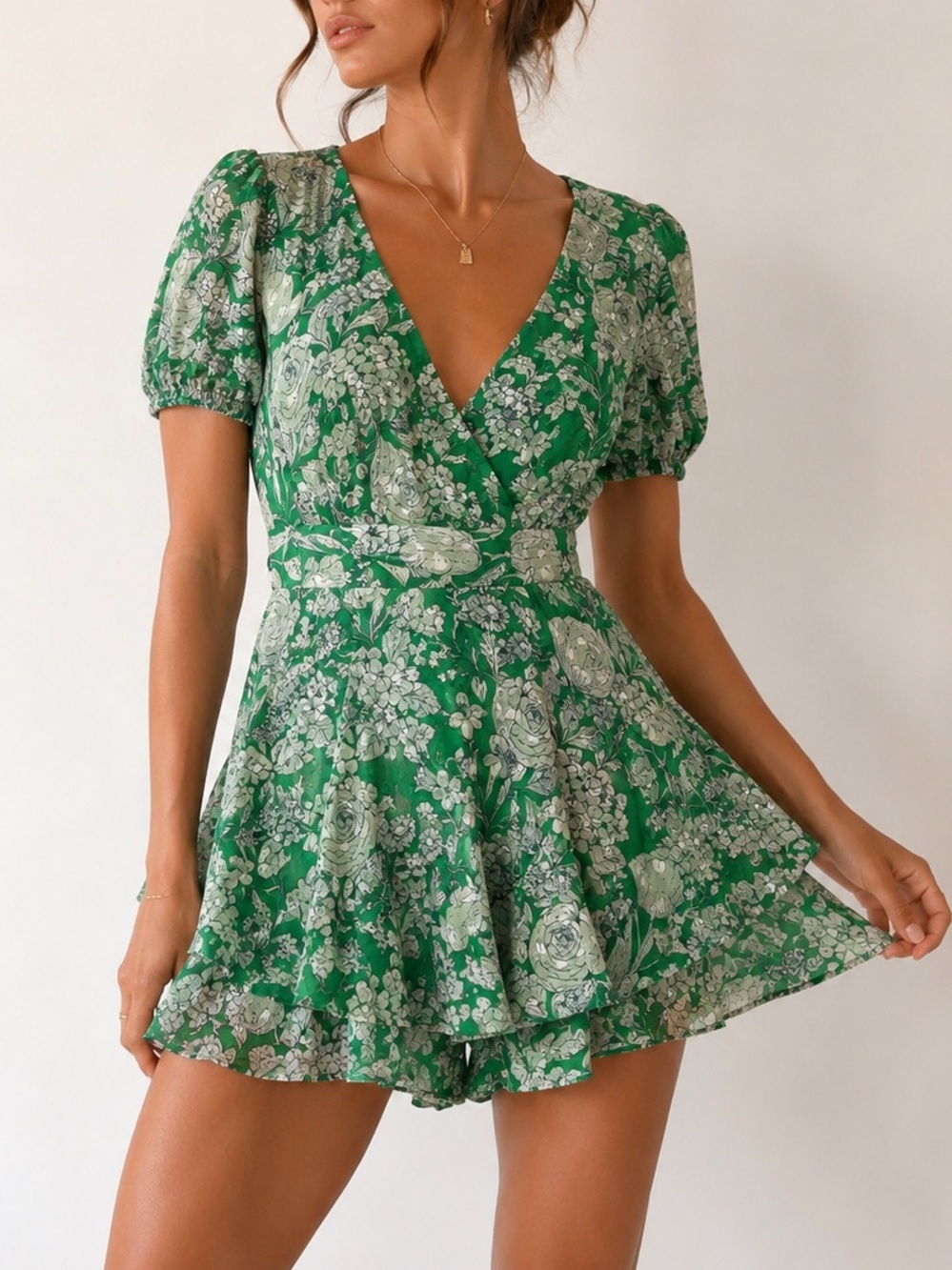 Allison & Kelly Green Floral Romper Puff Sleeve Cottagecore Dress Look